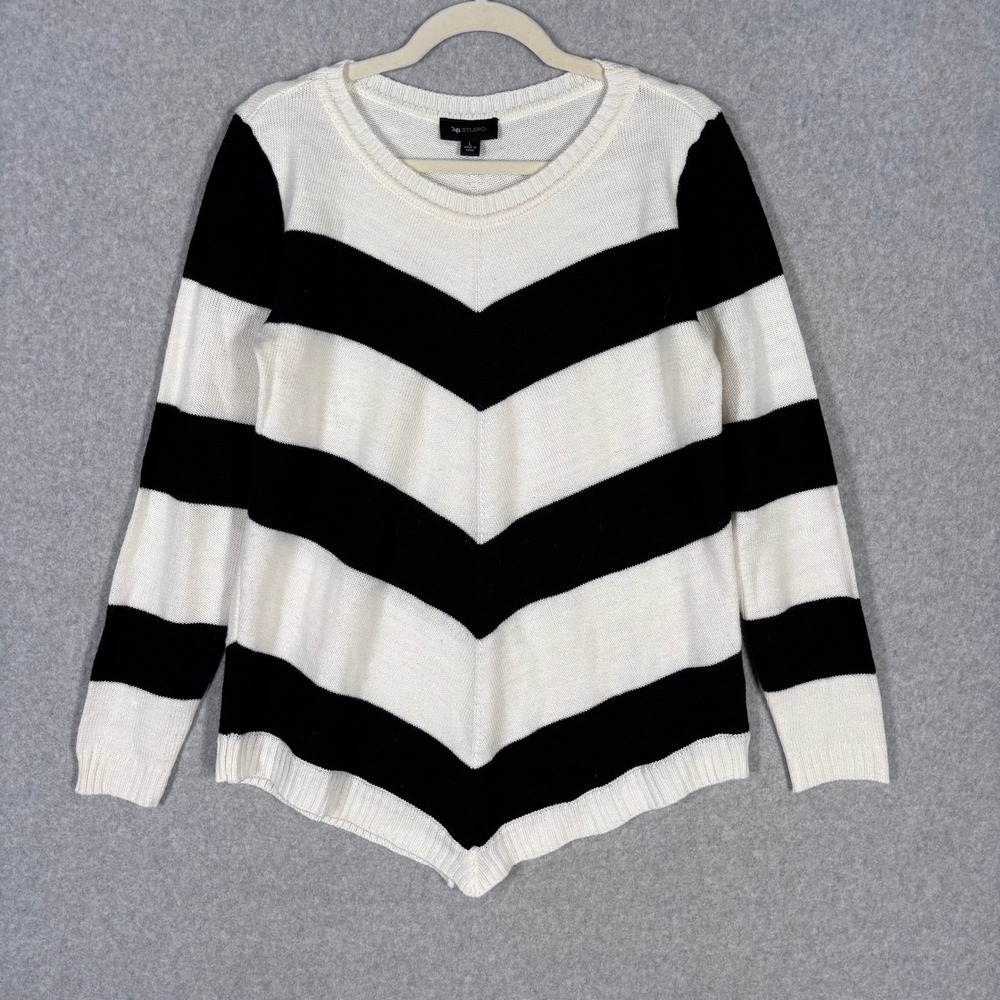 AB Studio Tunic Sweater Large Black Cream Chevron Flowy Nautical Modern Beachy‎
